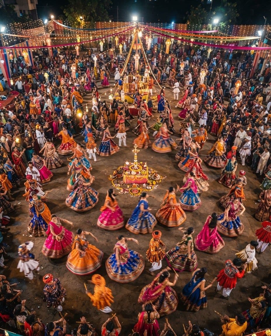 A large garba circle of dancers around a lit garbo at night
