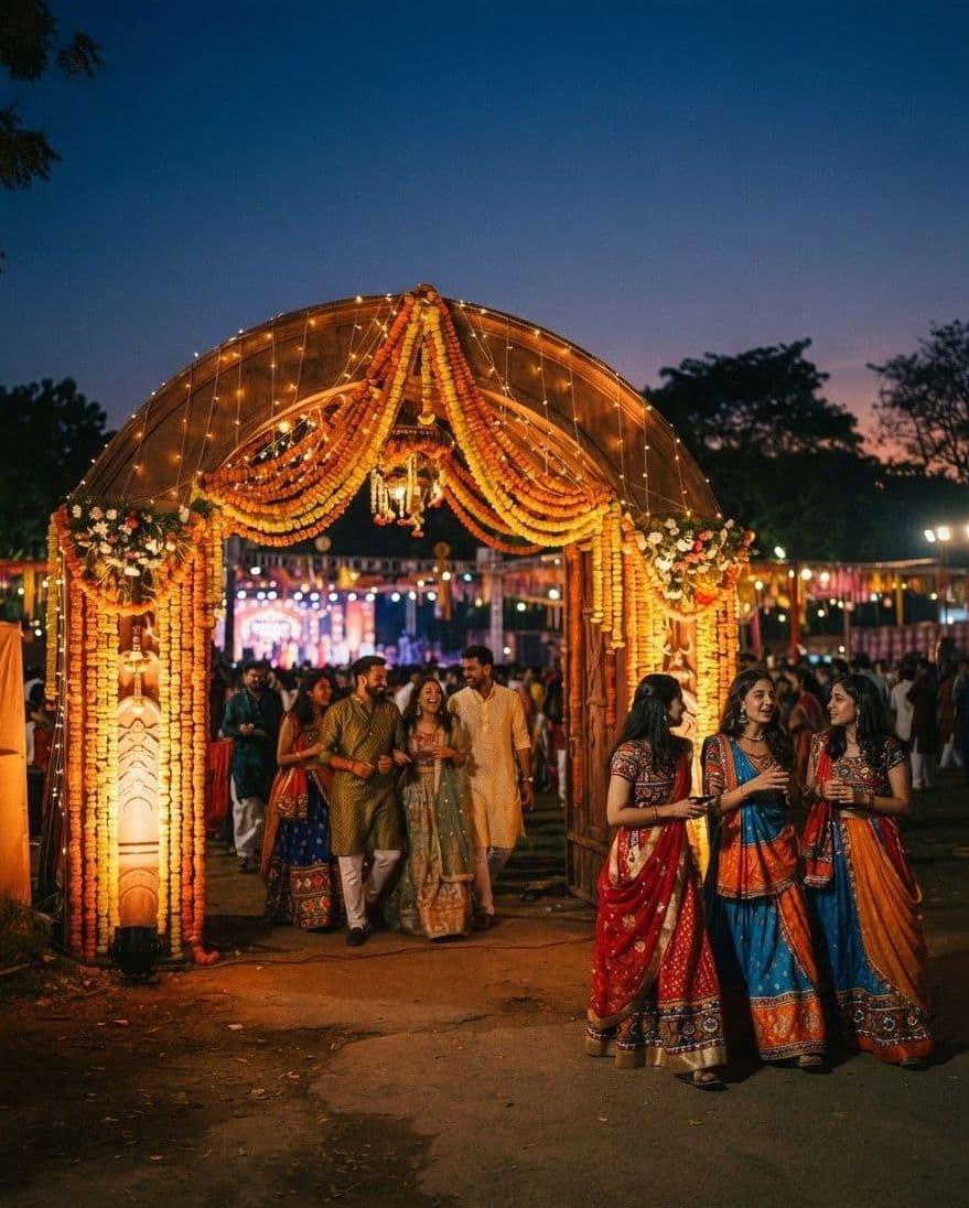 Friends walking into a lit garba venue gateway at dusk