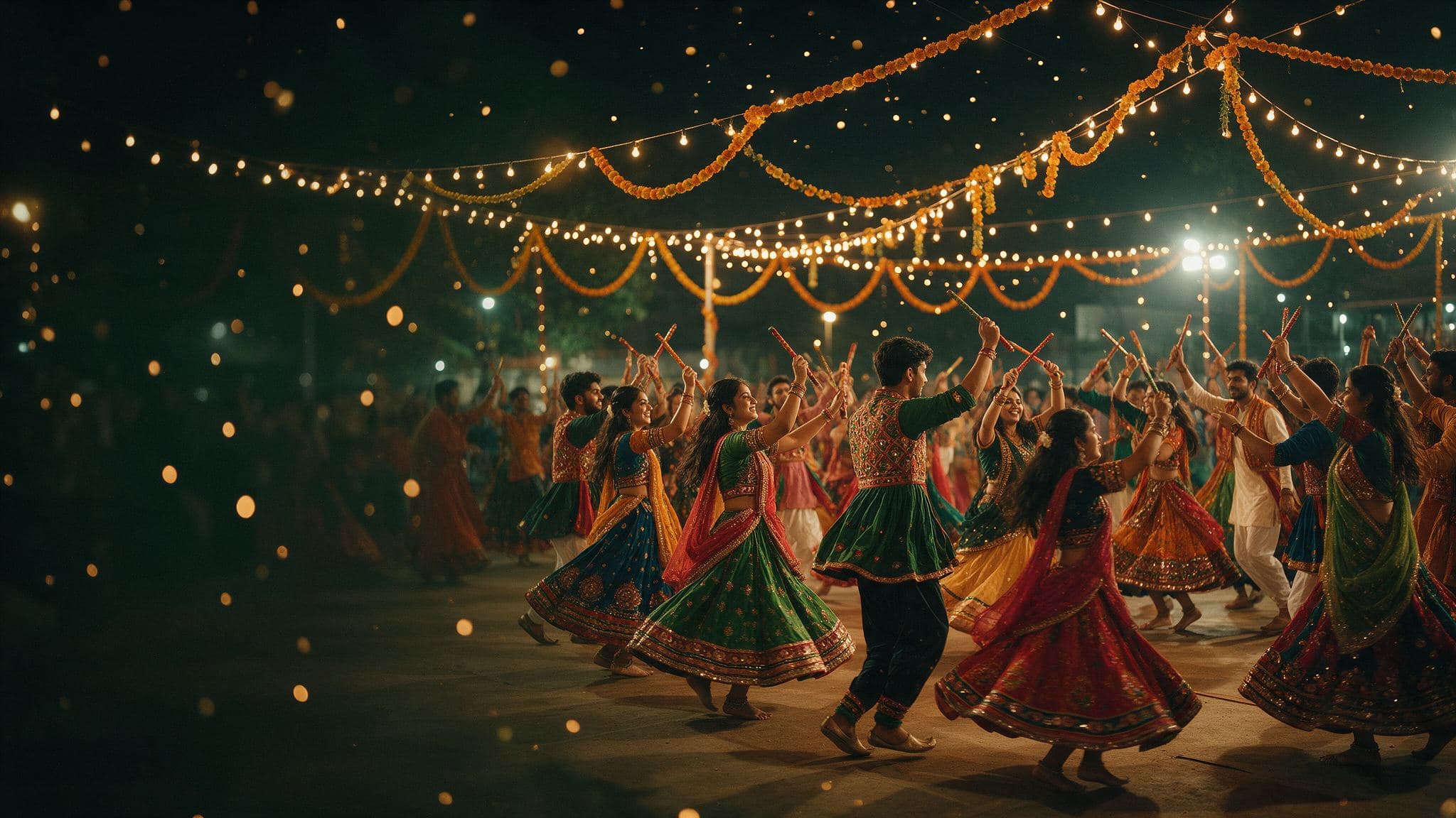Dancers in festive chaniya cholis playing garba under strings of marigold lights