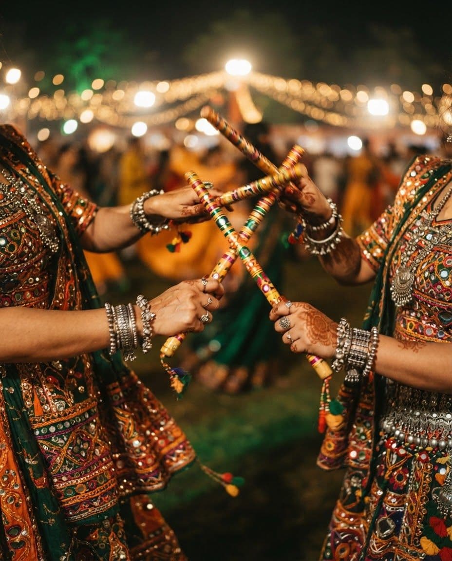 Decorated dandiya sticks meeting mid-step